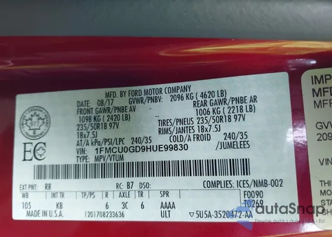 2017 Ford Escape Se z USA, uszkodzony, nr VIN 1FMCU0GD9HUE99830